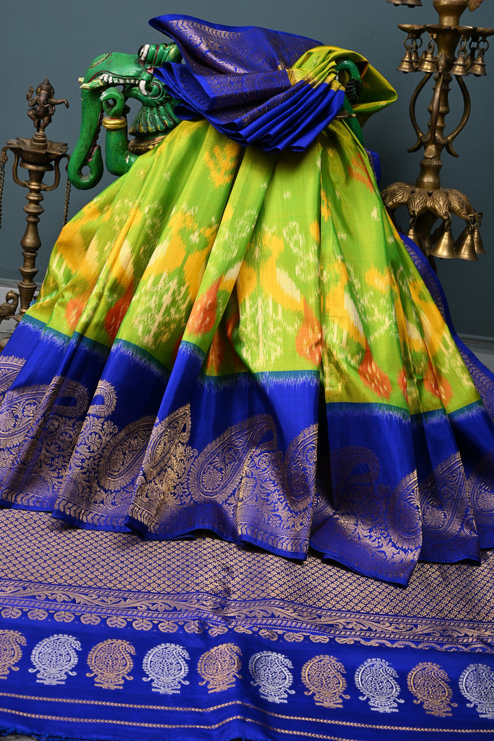 Parrot Green Jugalbandi Ikkat Gadwal Silk Saree with Birds Design and Contrast Paisley Zari Border | SILK MARK CERTIFIED | SHOBITAM