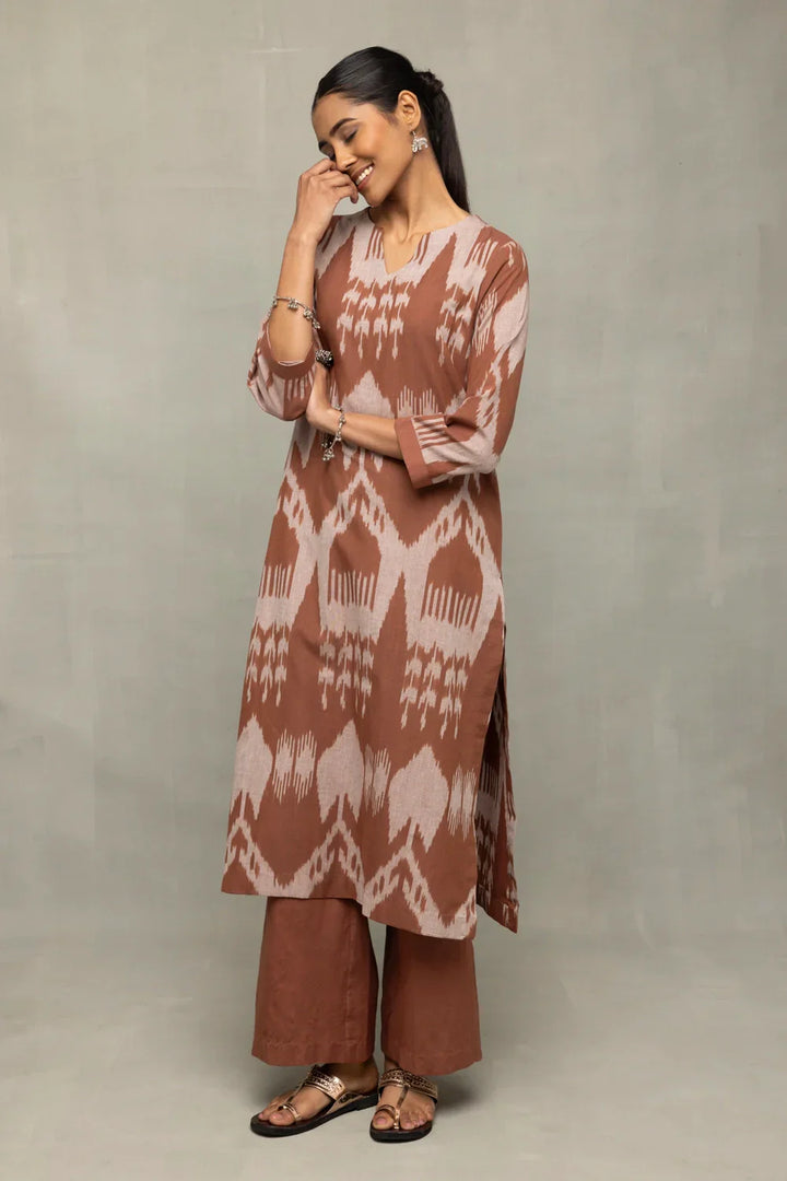 Handloom Chocolate Brown Absract Ikkat Co-ord Set | SHOBITAM