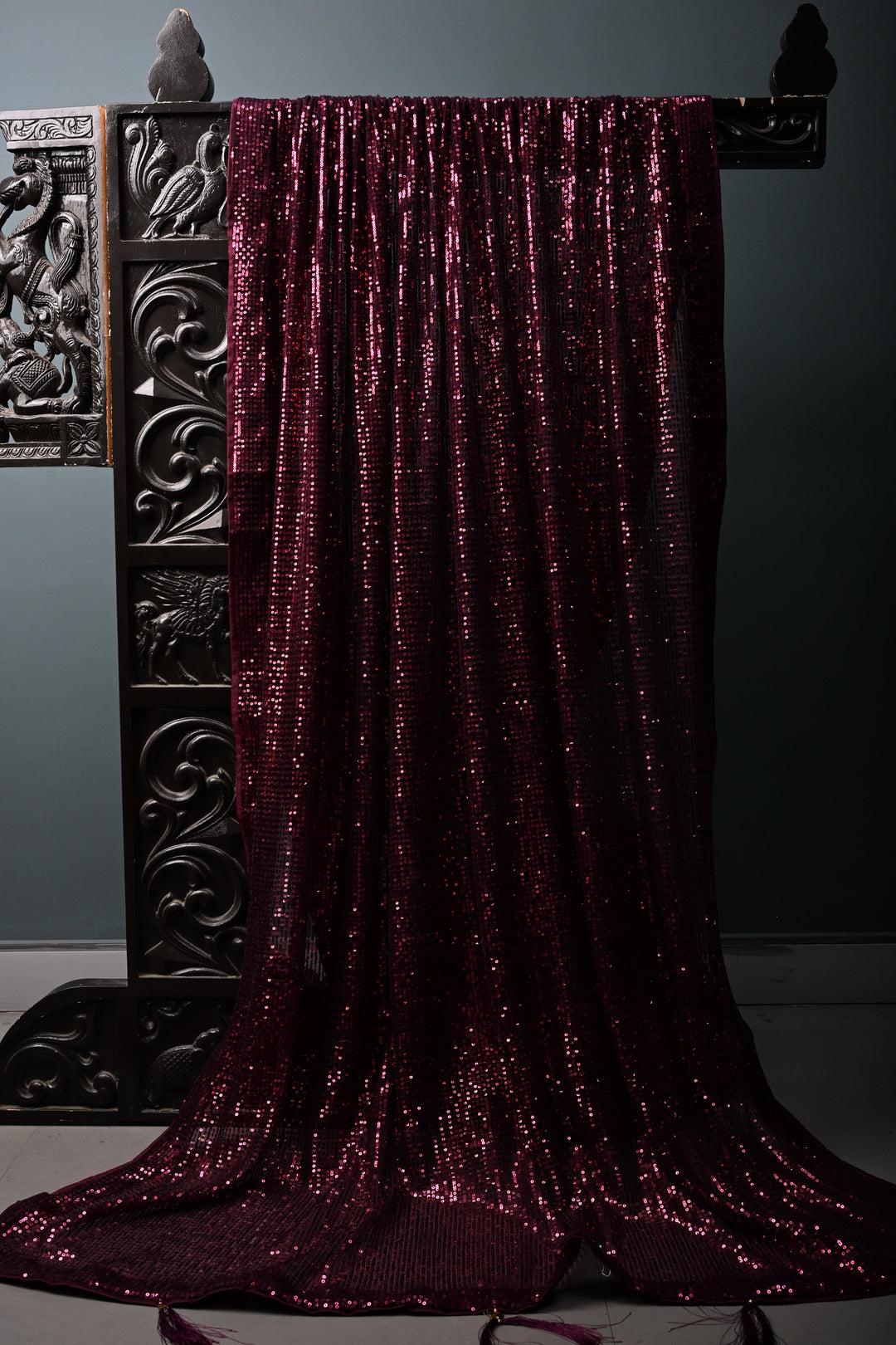 Wine Full Sequins Embellished on Net Partywear Saree | SHOBITAM