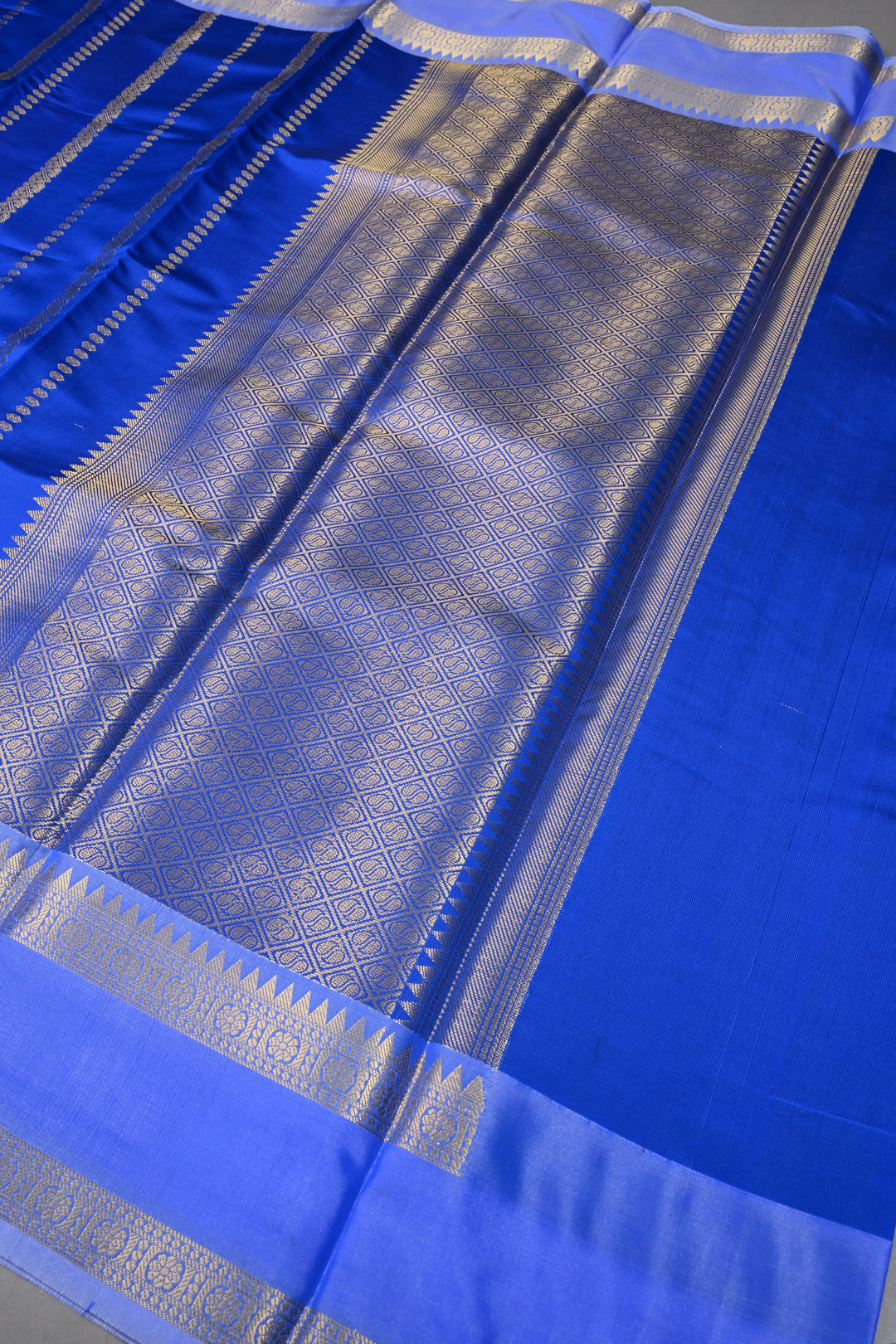 Royal Blue Kanjivaram Soft Semi Silk Saree with Ornate Zari Stripes and Rettaipet Zari Border | SHOBITAM