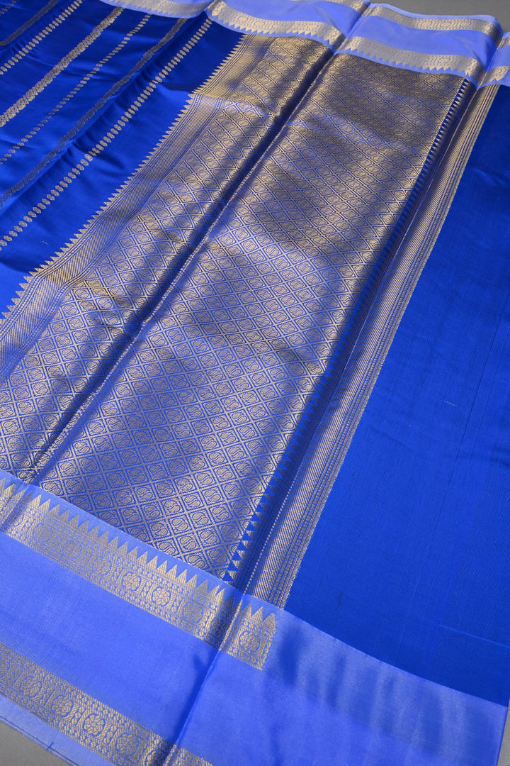Royal Blue Kanjivaram Soft Semi Silk Saree with Ornate Zari Stripes and Rettaipet Zari Border | SHOBITAM