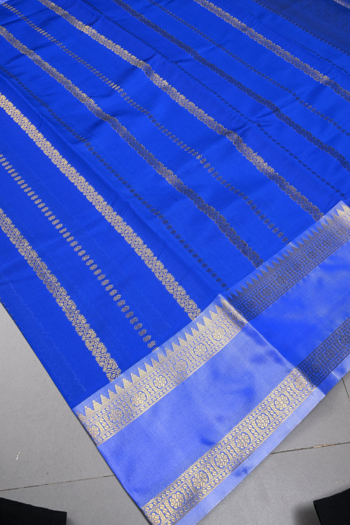 Royal Blue Kanjivaram Soft Semi Silk Saree with Ornate Zari Stripes and Rettaipet Zari Border | SHOBITAM