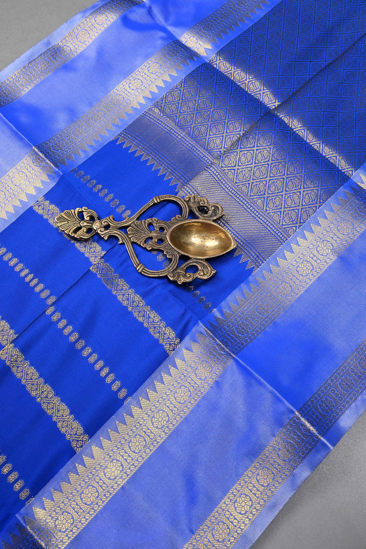 Royal Blue Kanjivaram Soft Semi Silk Saree with Ornate Zari Stripes and Rettaipet Zari Border | SHOBITAM