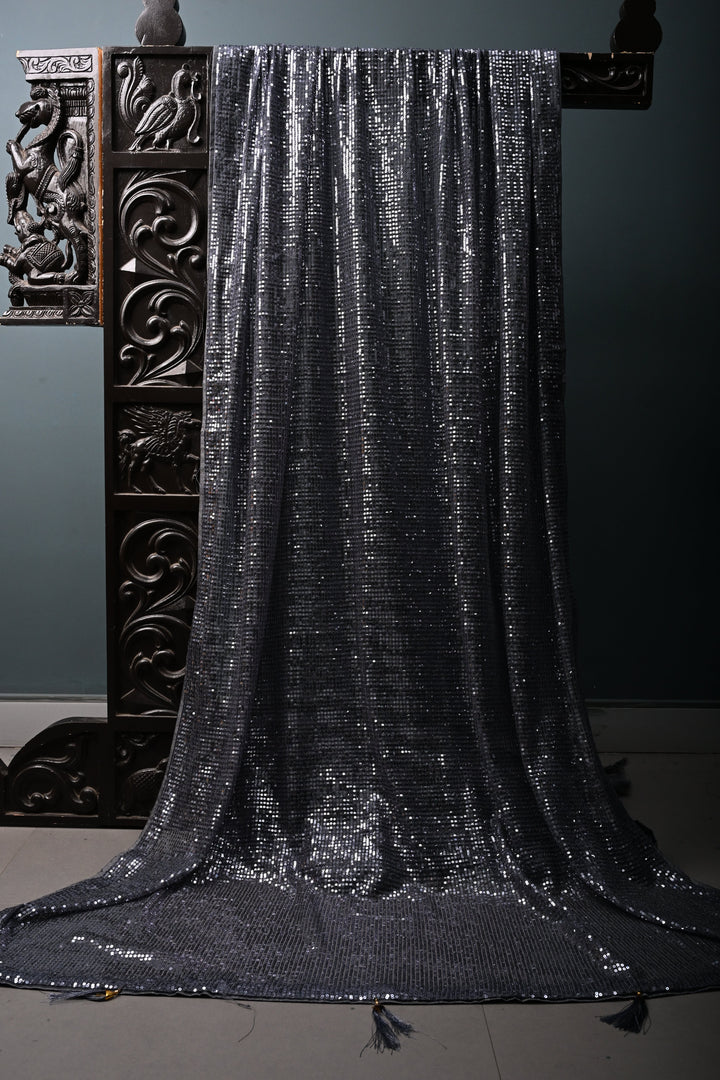 Gray Full Sequins Embellished on Net Partywear Saree | SHOBITAM