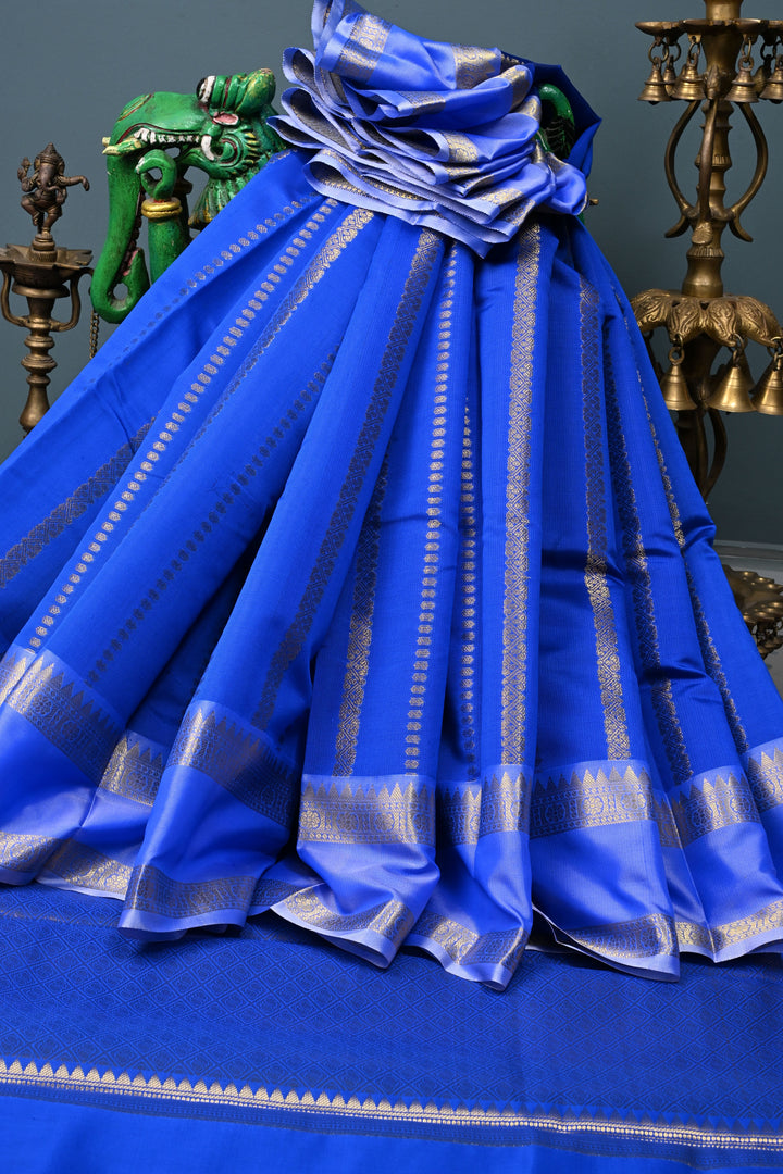 Royal Blue Kanjivaram Soft Semi Silk Saree with Ornate Zari Stripes and Rettaipet Zari Border | SHOBITAM