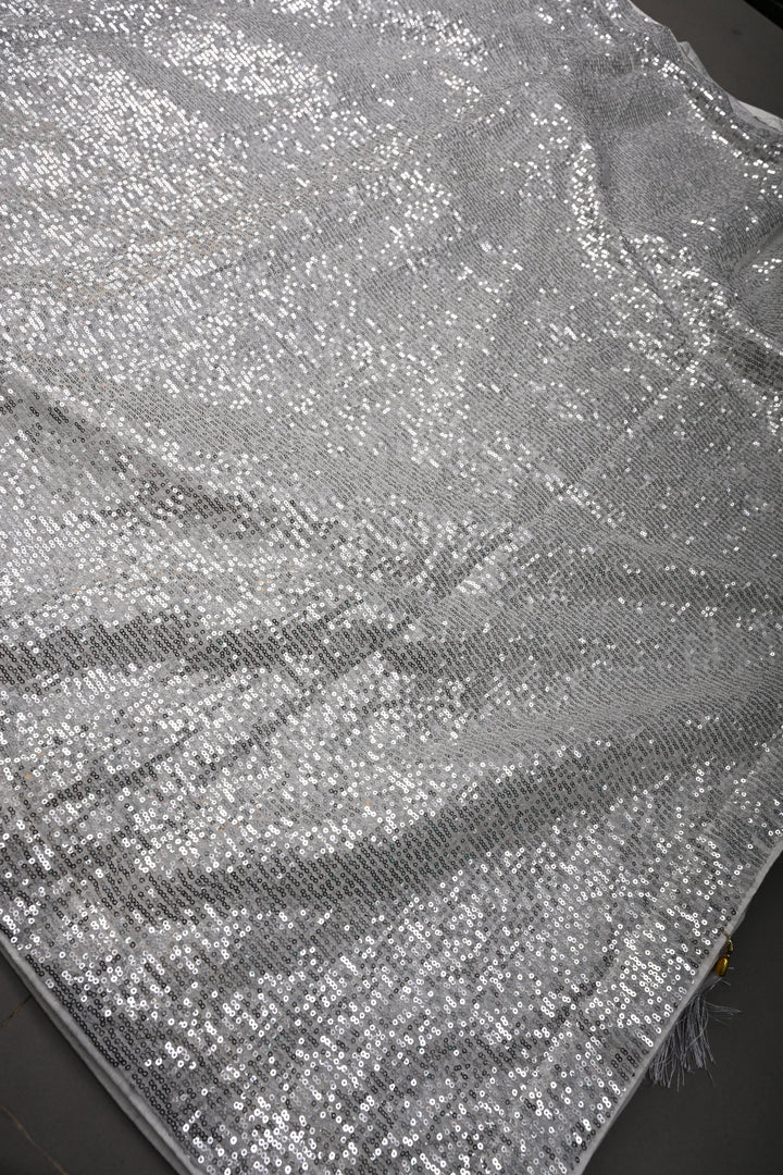 Ivory Full Sequins Embellished on Net Partywear Saree | SHOBITAM