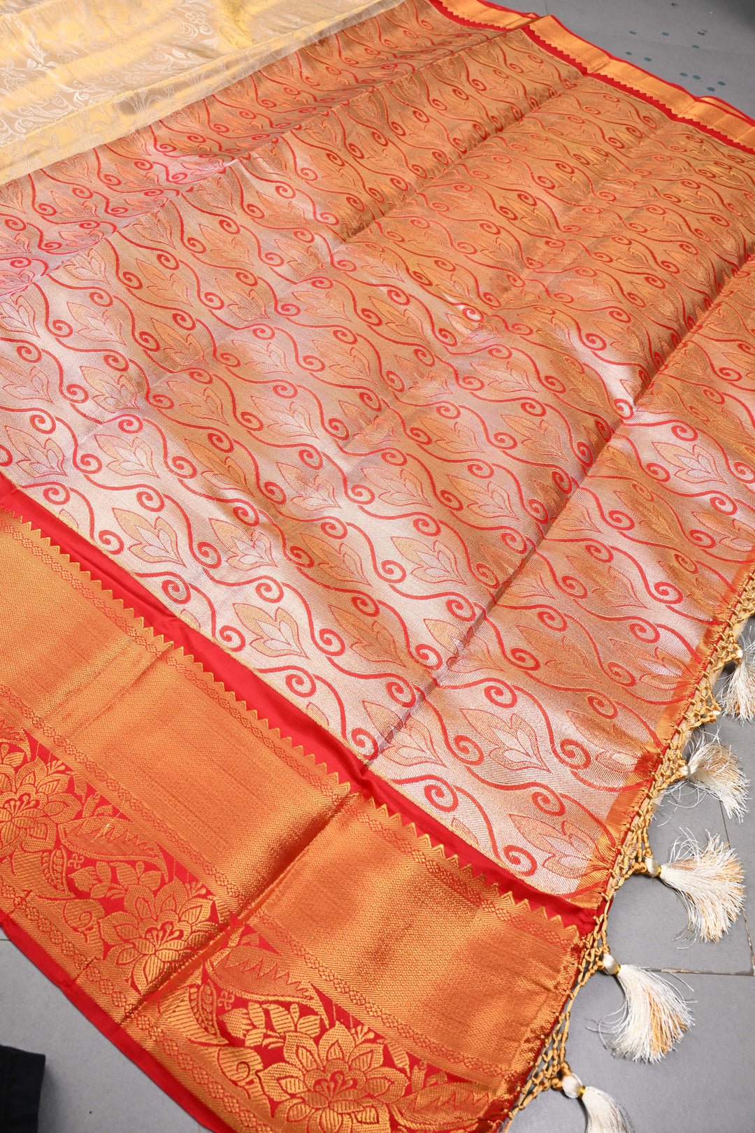 Gold-Ivory Tissue Kanjivaram Soft Semi Silk Saree with Floral Brocade Jaal and Contrast Zari Border | SHOBITAM