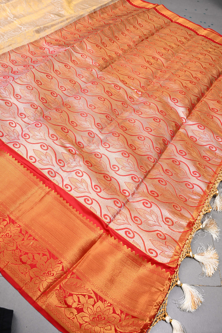 Gold-Ivory Tissue Kanjivaram Soft Semi Silk Saree with Floral Brocade Jaal and Contrast Zari Border | SHOBITAM