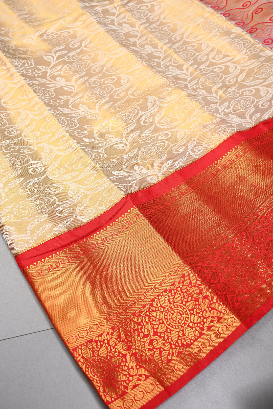 Gold-Ivory Tissue Kanjivaram Soft Semi Silk Saree with Floral Brocade Jaal and Contrast Zari Border | SHOBITAM