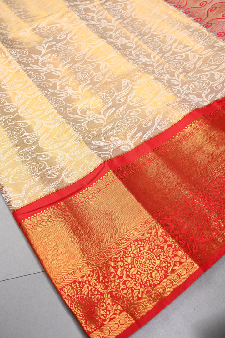 Gold-Ivory Tissue Kanjivaram Soft Semi Silk Saree with Floral Brocade Jaal and Contrast Zari Border | SHOBITAM