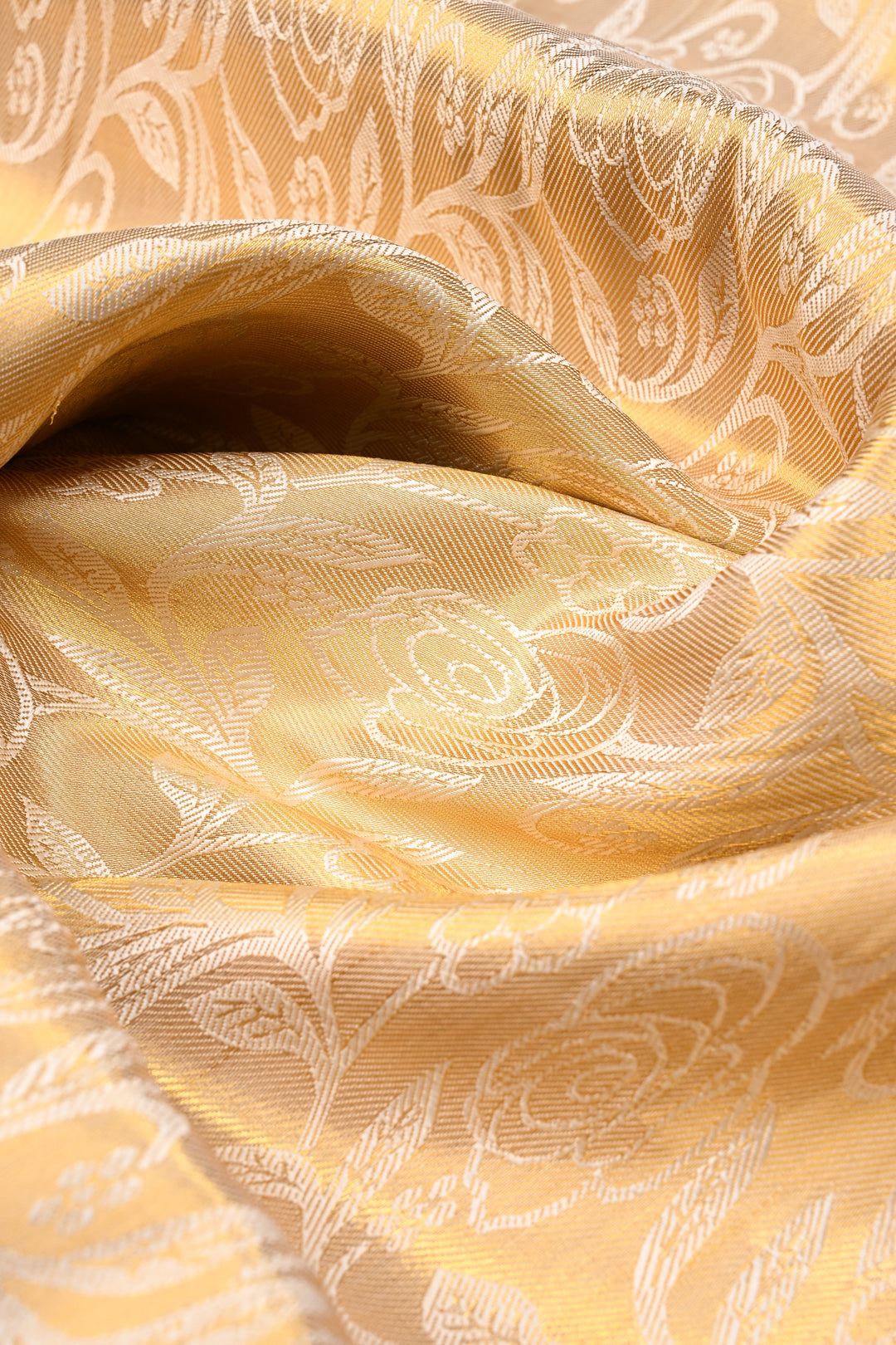 Gold-Ivory Tissue Kanjivaram Soft Semi Silk Saree with Floral Brocade Jaal and Contrast Zari Border | SHOBITAM