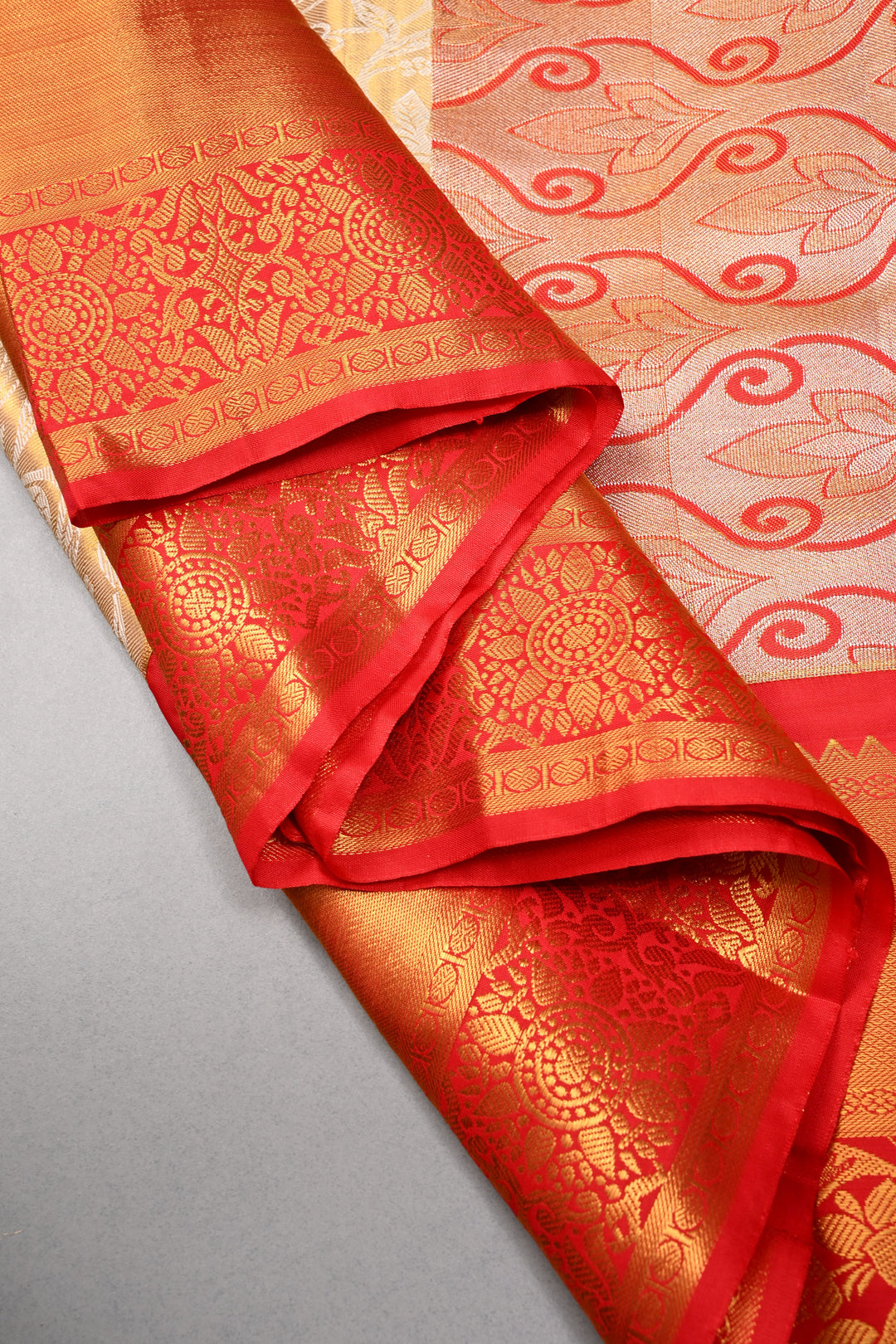 Gold-Ivory Tissue Kanjivaram Soft Semi Silk Saree with Floral Brocade Jaal and Contrast Zari Border | SHOBITAM