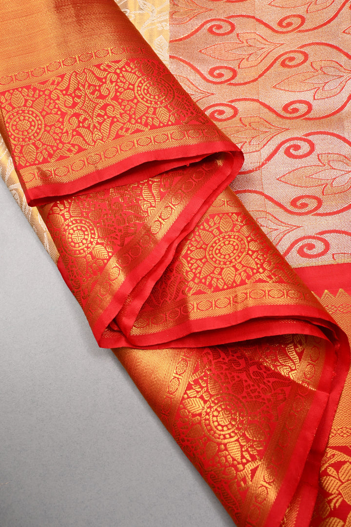 Gold-Ivory Tissue Kanjivaram Soft Semi Silk Saree with Floral Brocade Jaal and Contrast Zari Border | SHOBITAM