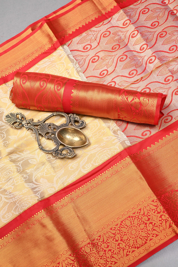 Gold-Ivory Tissue Kanjivaram Soft Semi Silk Saree with Floral Brocade Jaal and Contrast Zari Border | SHOBITAM