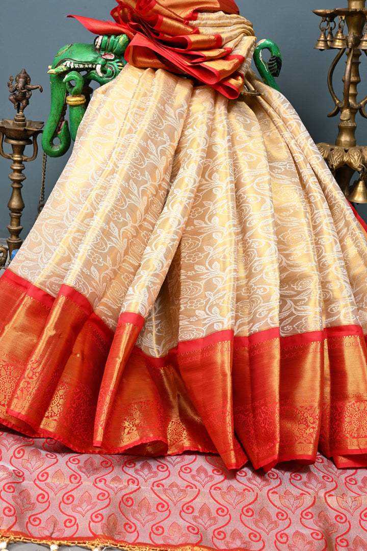Gold-Ivory Tissue Kanjivaram Soft Semi Silk Saree with Floral Brocade Jaal and Contrast Zari Border | SHOBITAM