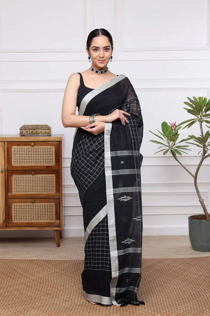 Handloom Black Check Mulmul Jamdani Saree | SHOBITAM