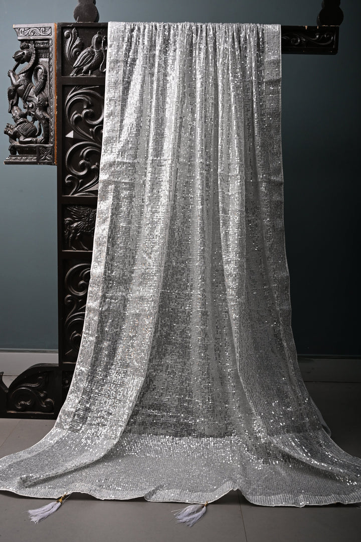 Ivory Full Sequins Embellished on Net Partywear Saree | SHOBITAM