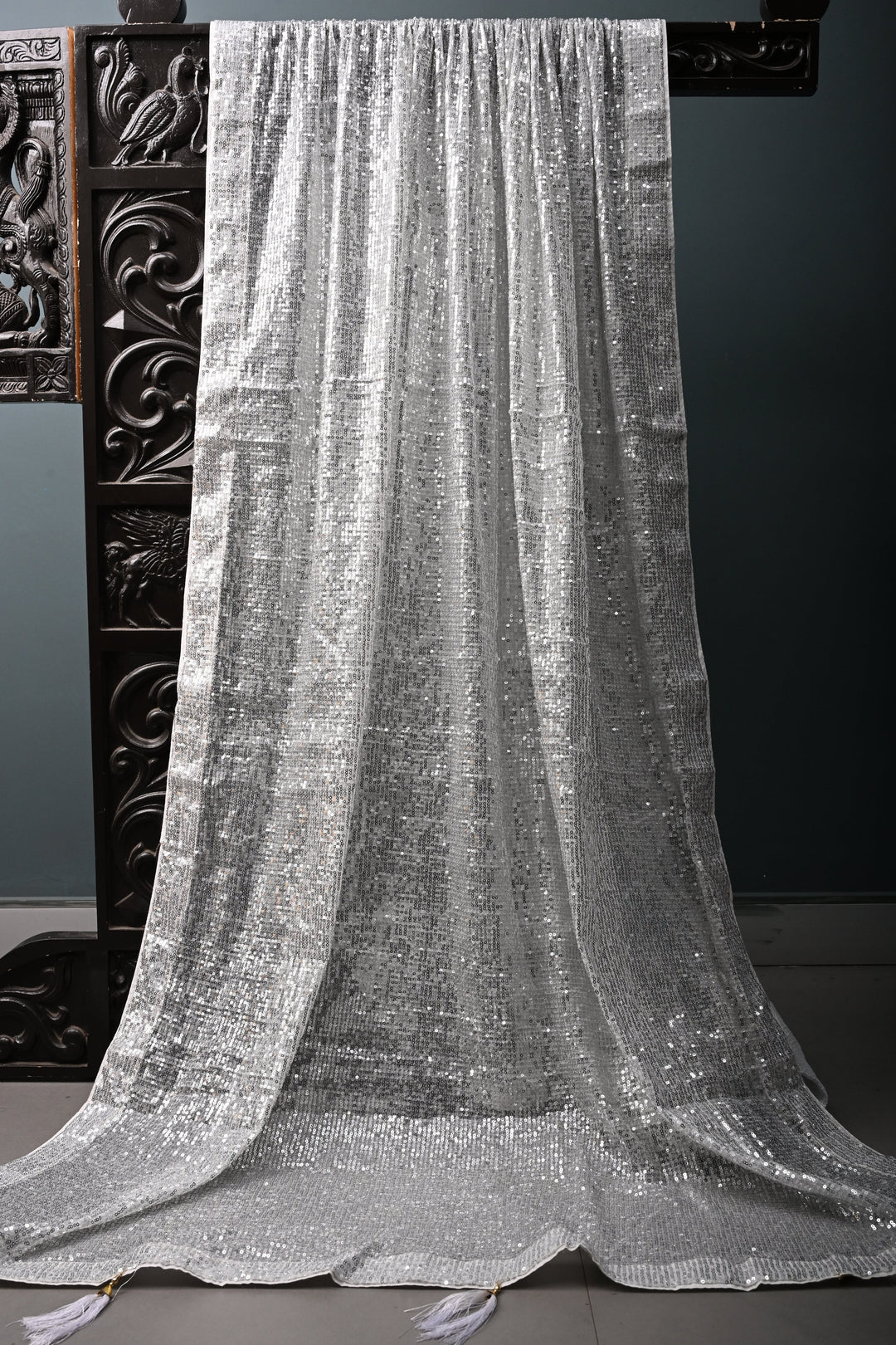 Ivory Full Sequins Embellished on Net Partywear Saree | SHOBITAM