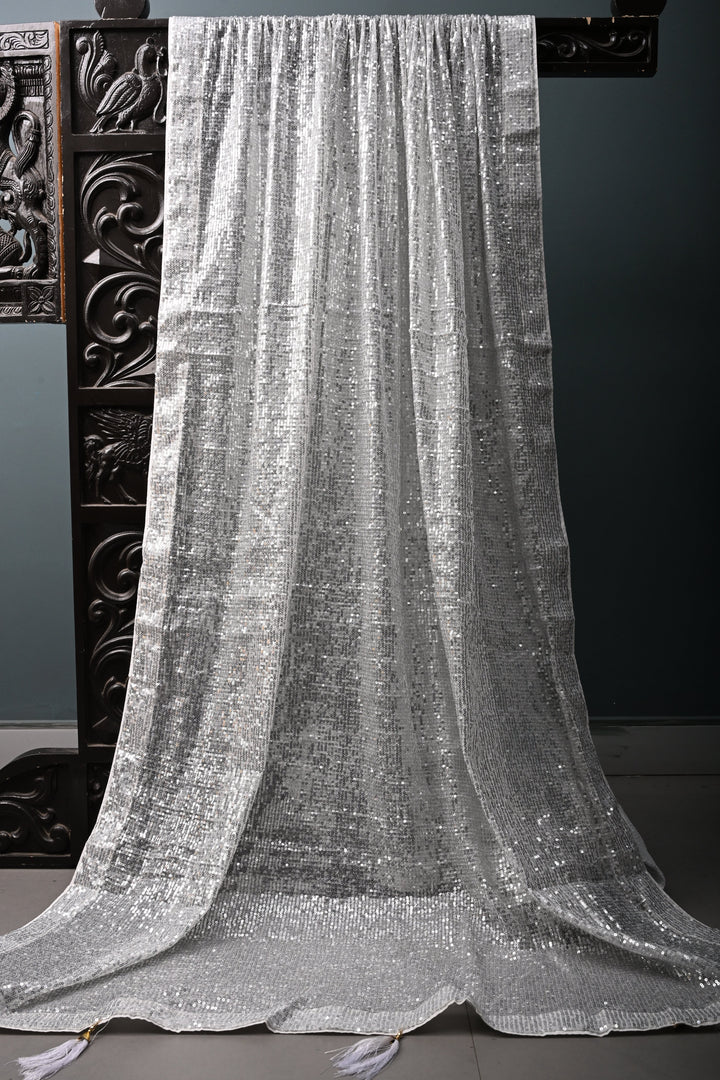 Ivory Full Sequins Embellished on Net Partywear Saree | SHOBITAM