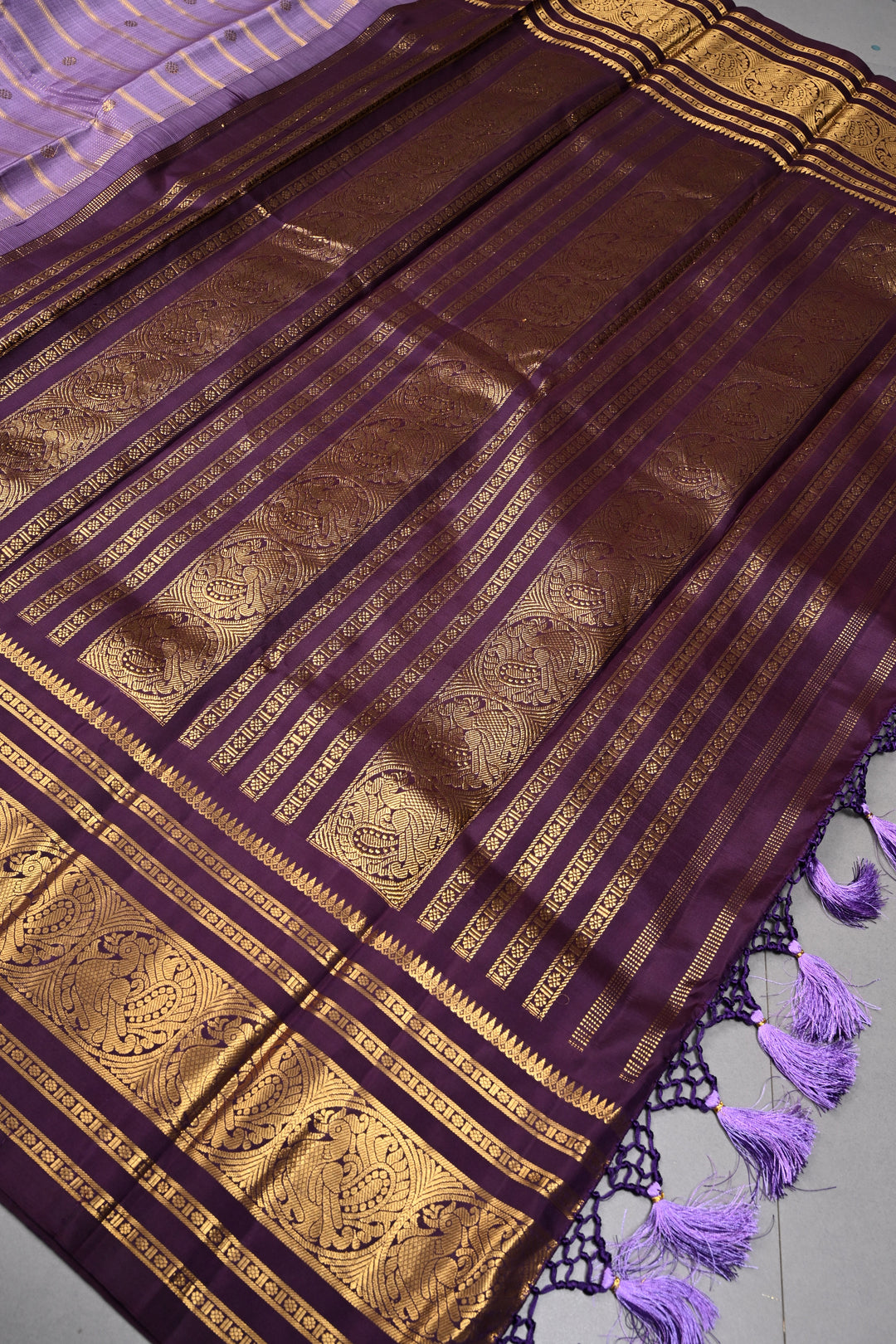 Lavender Pure Gadwal Silk Saree with Horizontal Zari Stripes and Butta,Contrast Zari Border | SILK MARK CERTIFIED