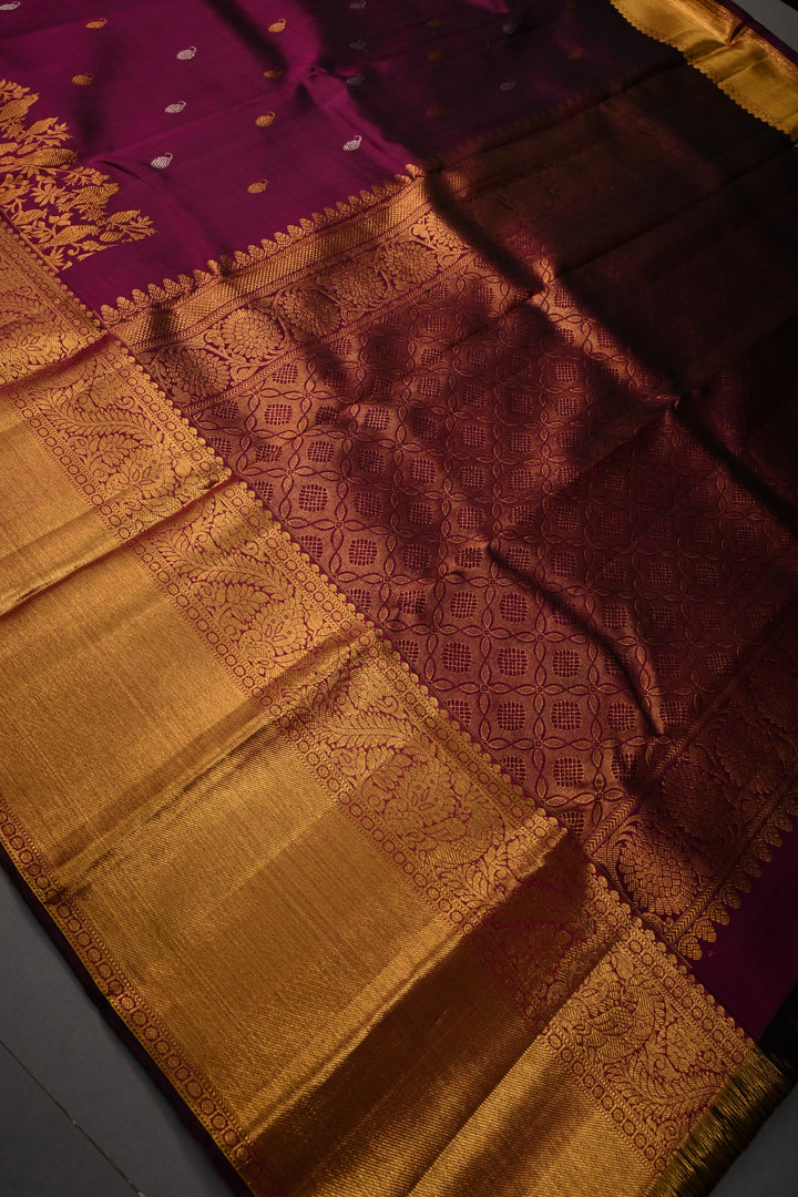 Plum Pure Kanjivaram Silk Saree with Gold-Silver Zari Buttas and Birds Panel Design on Wide Zari Border | SILK MARK CERTIFIED | SHOBITAM