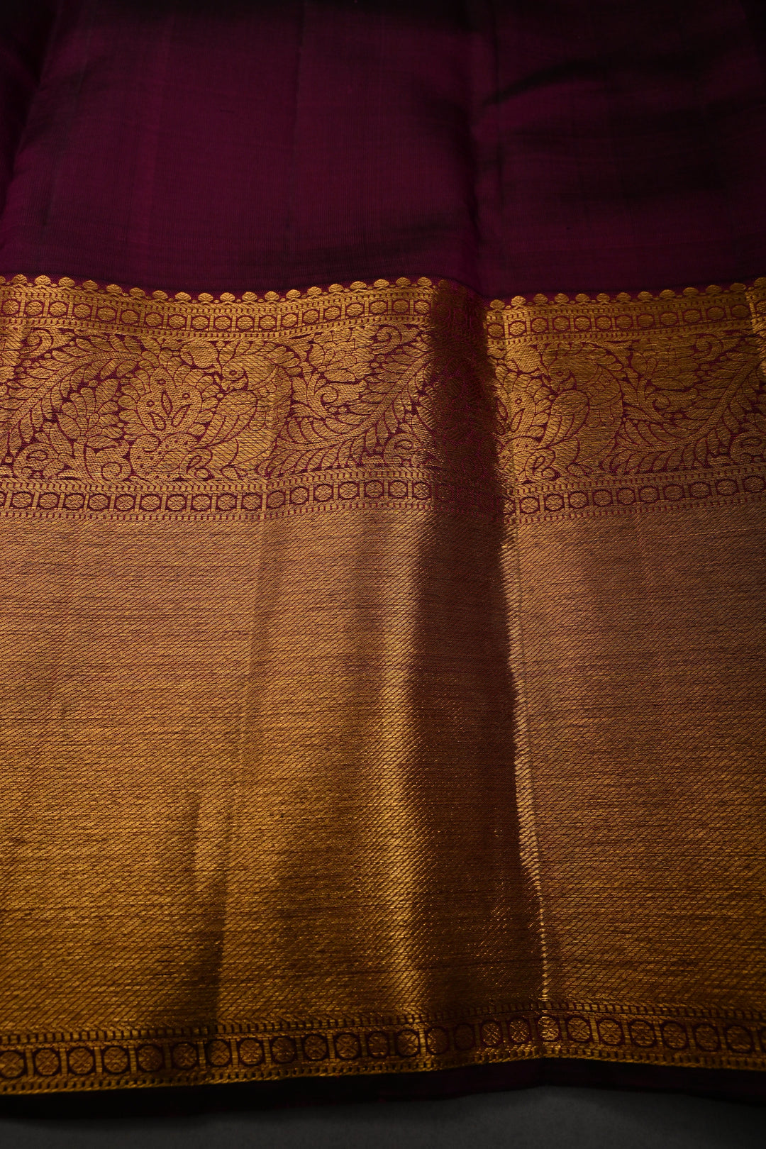 Plum Pure Kanjivaram Silk Saree with Gold-Silver Zari Buttas and Birds Panel Design on Wide Zari Border | SILK MARK CERTIFIED | SHOBITAM