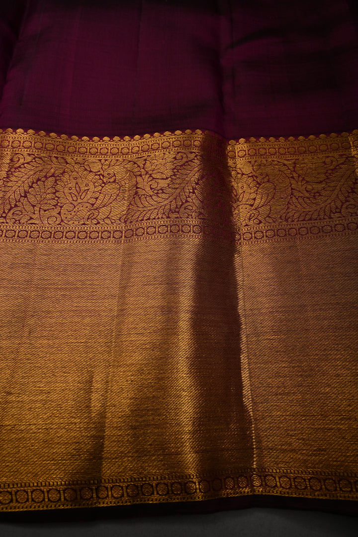 Plum Pure Kanjivaram Silk Saree with Gold-Silver Zari Buttas and Birds Panel Design on Wide Zari Border | SILK MARK CERTIFIED | SHOBITAM