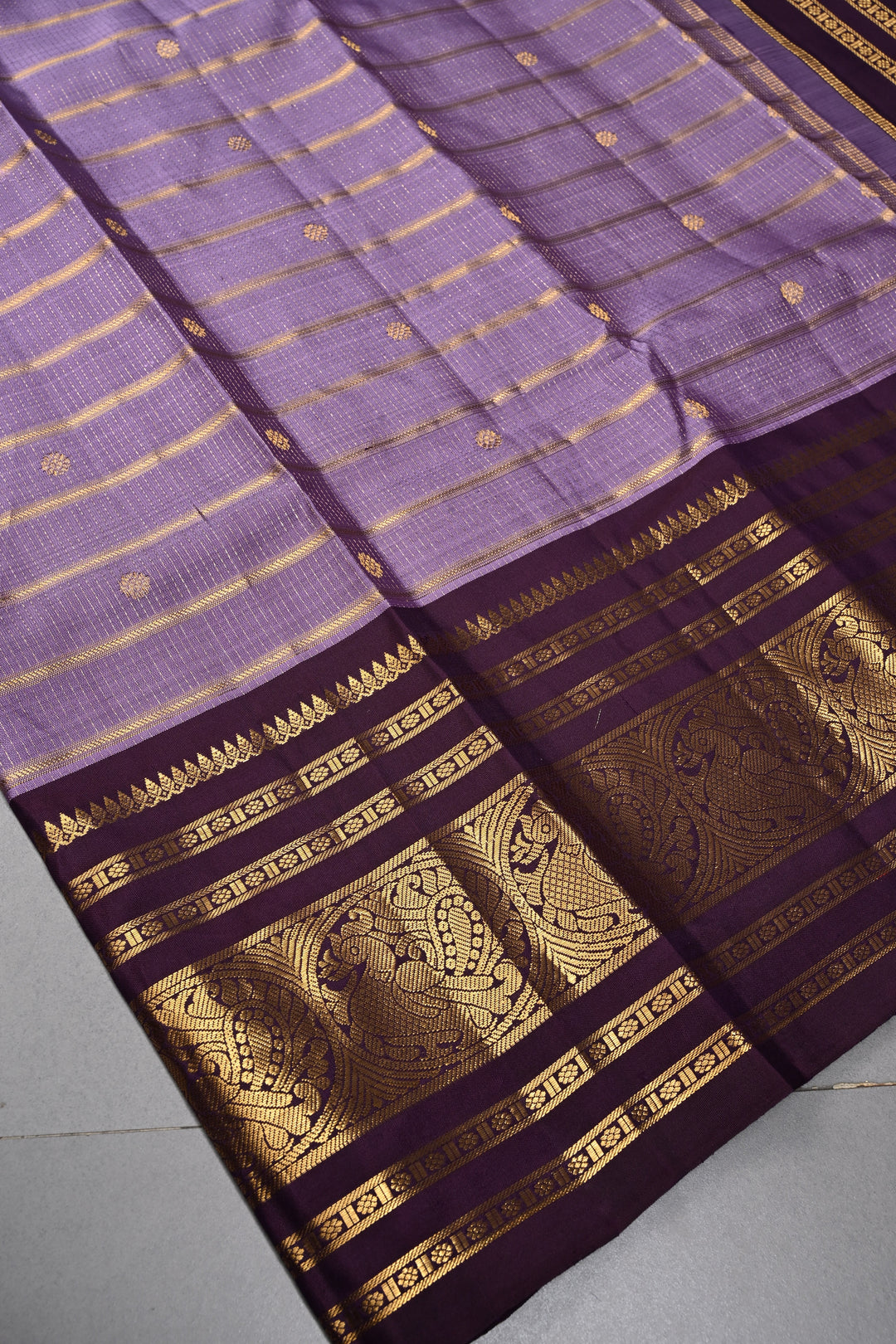 Lavender Pure Gadwal Silk Saree with Horizontal Zari Stripes and Butta,Contrast Zari Border | SILK MARK CERTIFIED