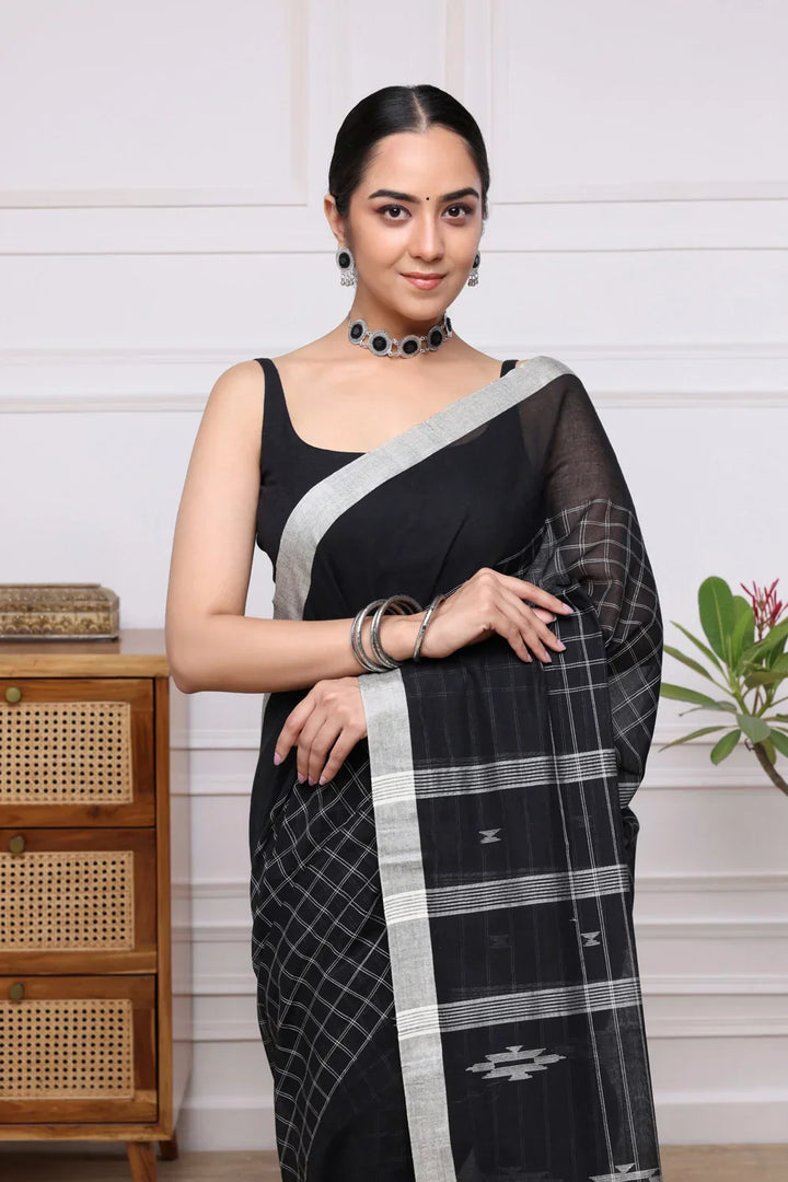 Handloom Black Check Mulmul Jamdani Saree | SHOBITAM