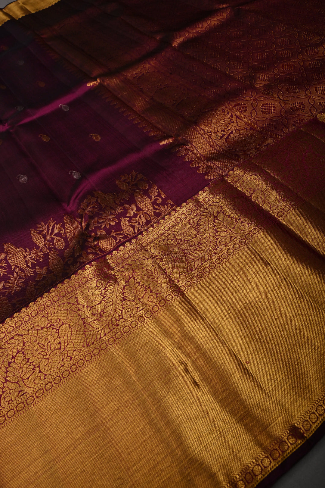 Plum Pure Kanjivaram Silk Saree with Gold-Silver Zari Buttas and Birds Panel Design on Wide Zari Border | SILK MARK CERTIFIED | SHOBITAM