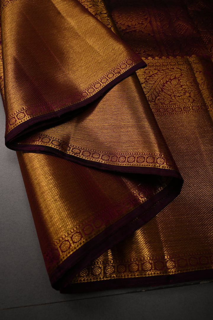 Plum Pure Kanjivaram Silk Saree with Gold-Silver Zari Buttas and Birds Panel Design on Wide Zari Border | SILK MARK CERTIFIED | SHOBITAM