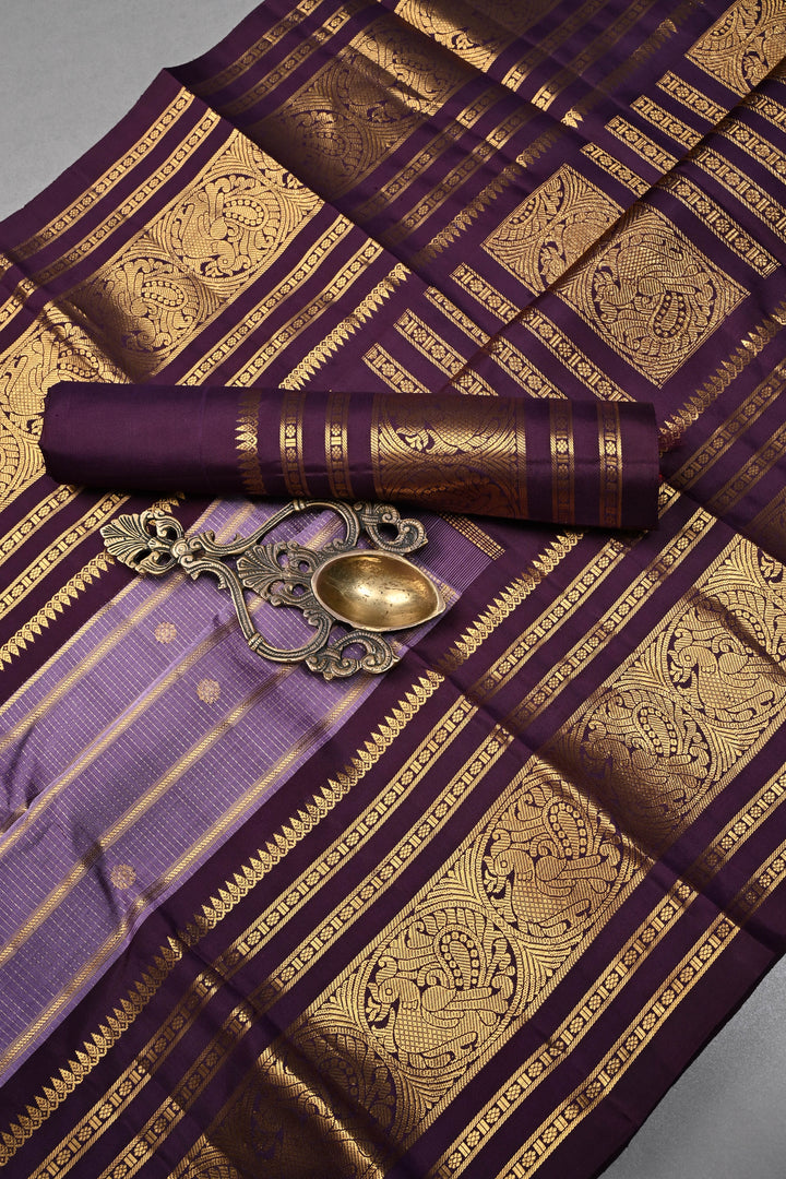 Lavender Pure Gadwal Silk Saree with Horizontal Zari Stripes and Butta,Contrast Zari Border | SILK MARK CERTIFIED