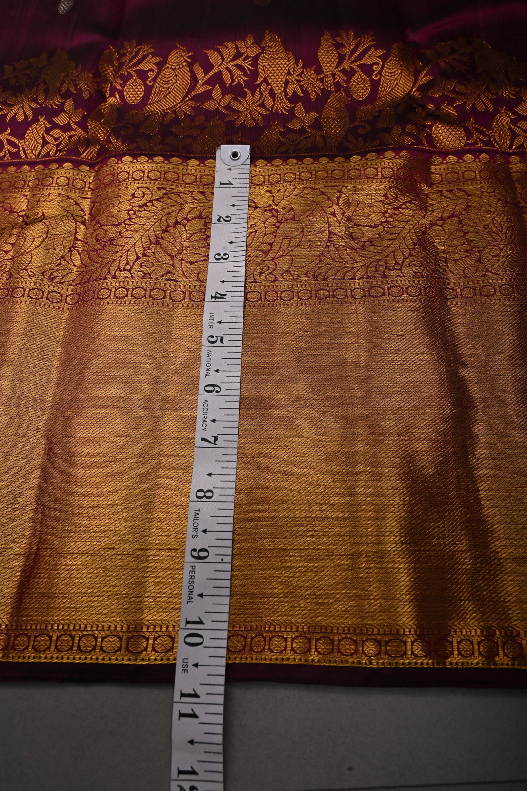 Plum Pure Kanjivaram Silk Saree with Gold-Silver Zari Buttas and Birds Panel Design on Wide Zari Border | SILK MARK CERTIFIED | SHOBITAM