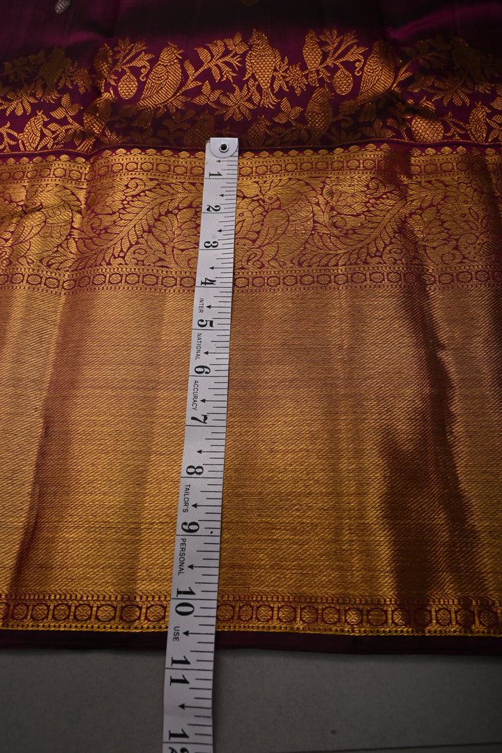 Plum Pure Kanjivaram Silk Saree with Gold-Silver Zari Buttas and Birds Panel Design on Wide Zari Border | SILK MARK CERTIFIED | SHOBITAM