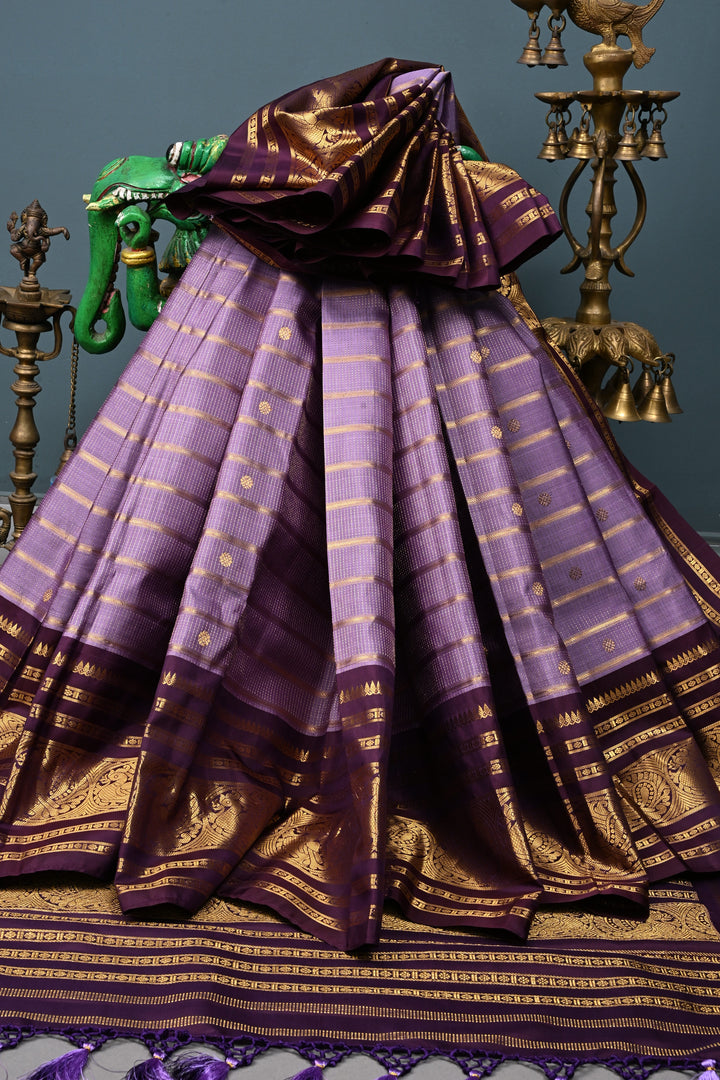 Lavender Pure Gadwal Silk Saree with Horizontal Zari Stripes and Butta,Contrast Zari Border | SILK MARK CERTIFIED