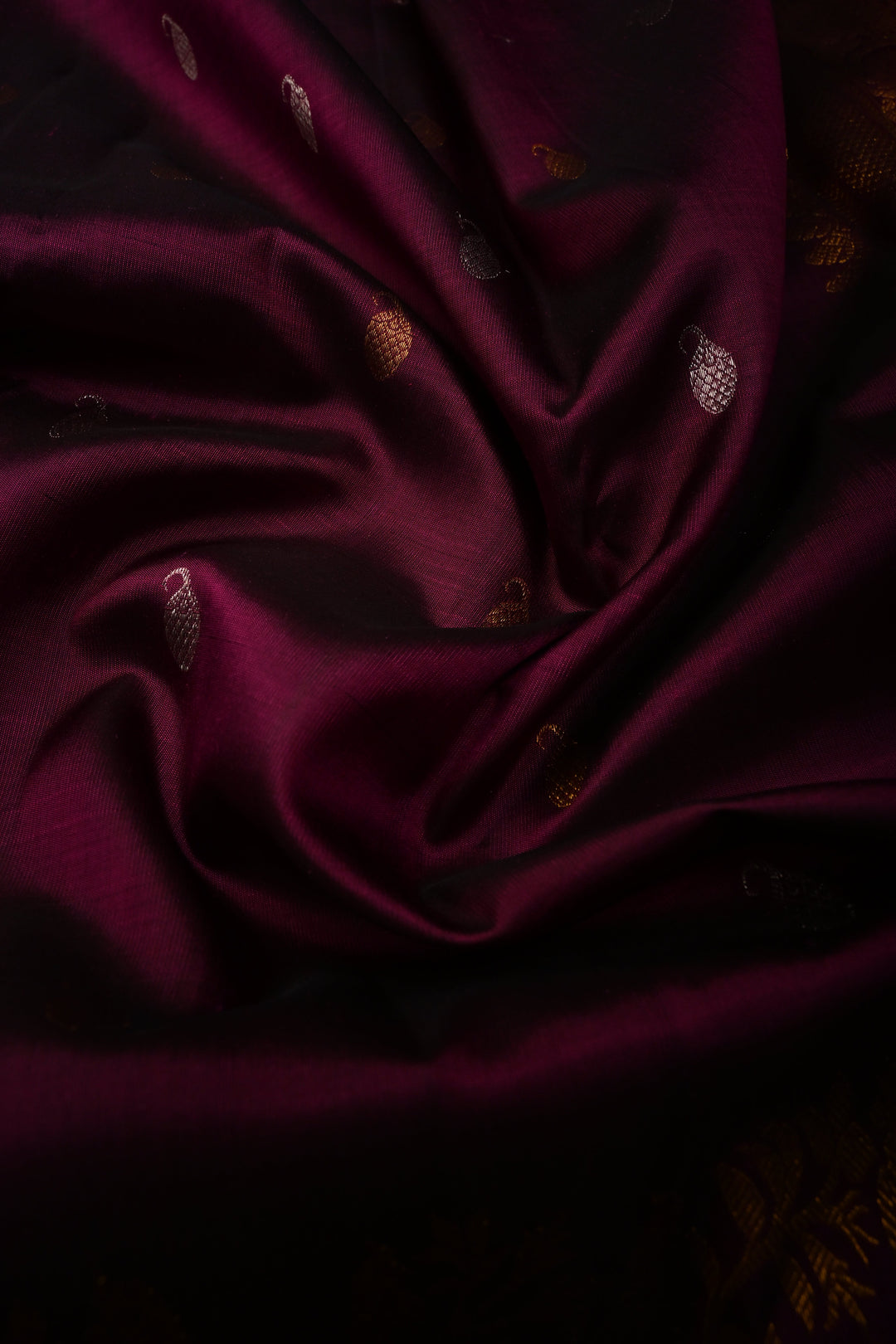 Plum Pure Kanjivaram Silk Saree with Gold-Silver Zari Buttas and Birds Panel Design on Wide Zari Border | SILK MARK CERTIFIED | SHOBITAM