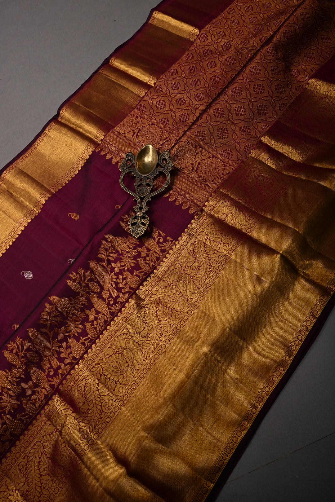 Plum Pure Kanjivaram Silk Saree with Gold-Silver Zari Buttas and Birds Panel Design on Wide Zari Border | SILK MARK CERTIFIED | SHOBITAM
