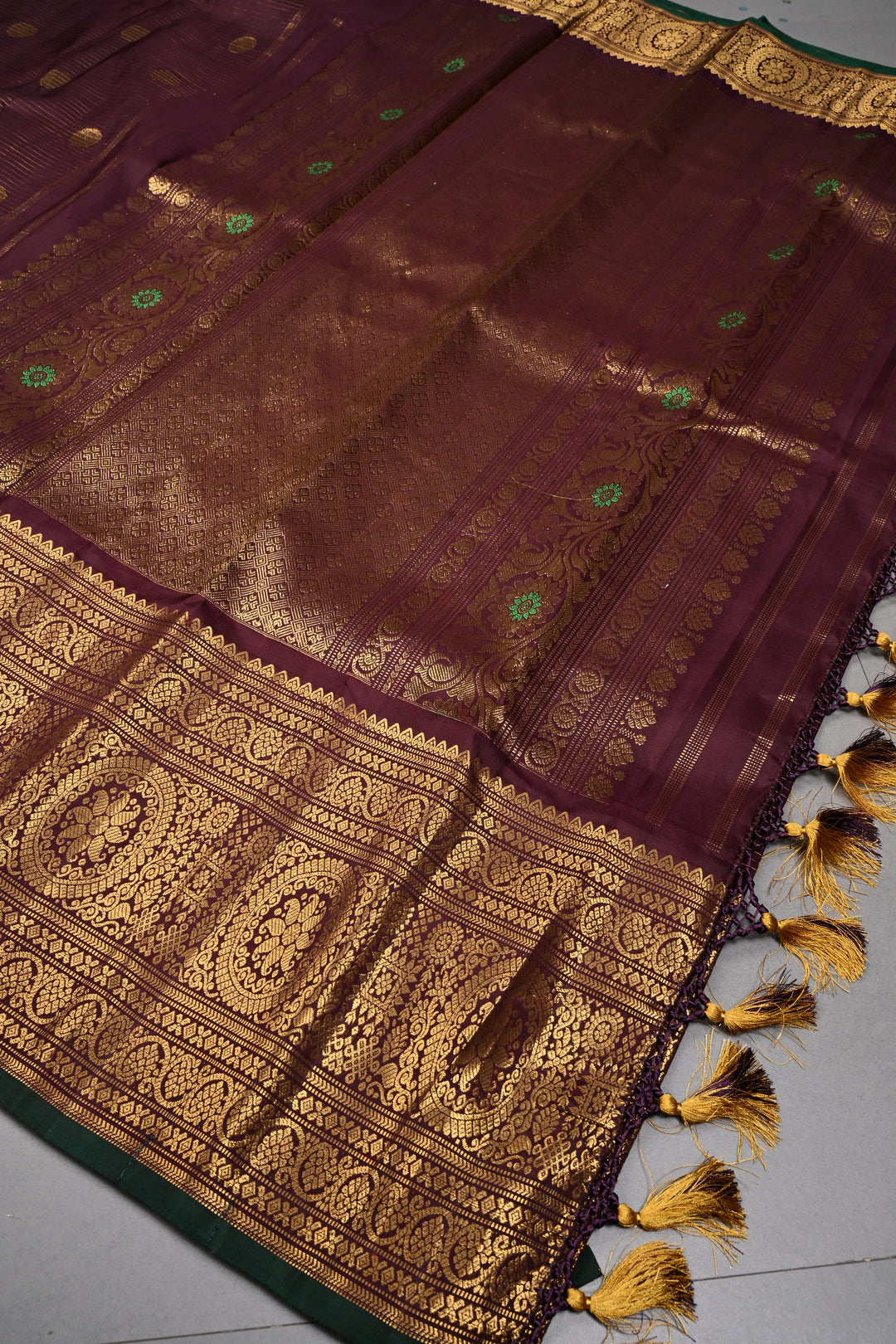 Coffee Brown  Vairaoosi Zari Stripes on Pure Gadwal Silk Saree with Zari Buttas and Wide Zari Border | SILK MARK CERTIFIED | SHOBITAM