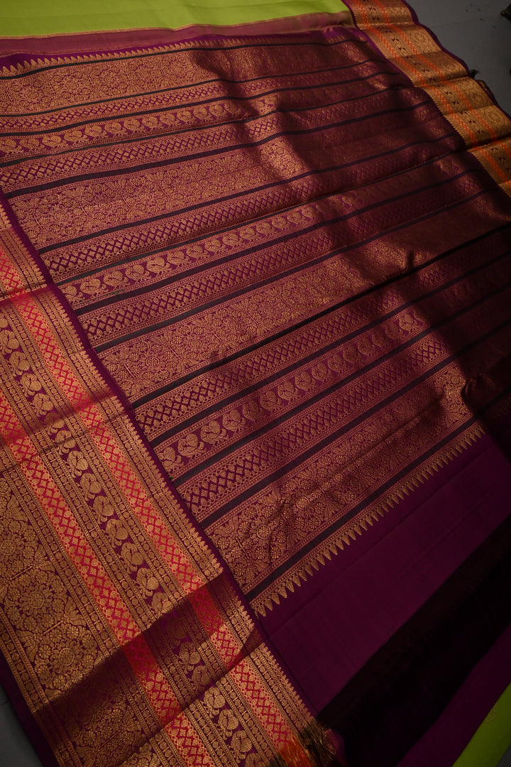 Chartreuse Korvai Pure Gadwal Silk Saree with Floral Zari Buttas and Contrast Zari Border | SILK MARK CERTIFIED | SHOBITAM