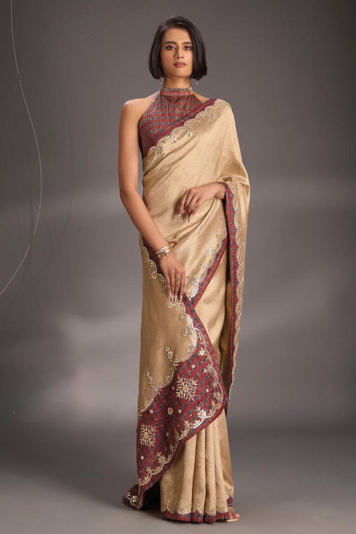 Beige Vegan Silk Brocade Saree with Ajrakh Applique and Gota Patti work on Scallop Border, No Blouse Piece
