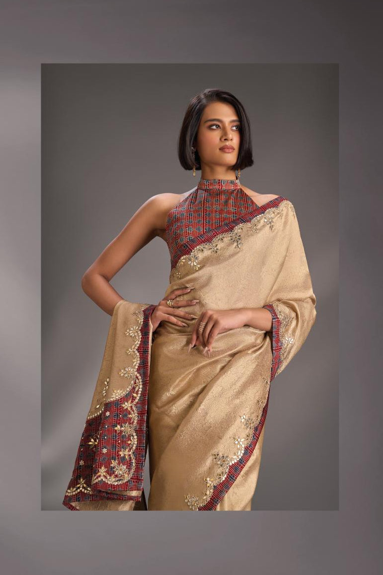Beige Vegan Silk Brocade Saree with Ajrakh Applique and Gota Patti work on Scallop Border, No Blouse Piece