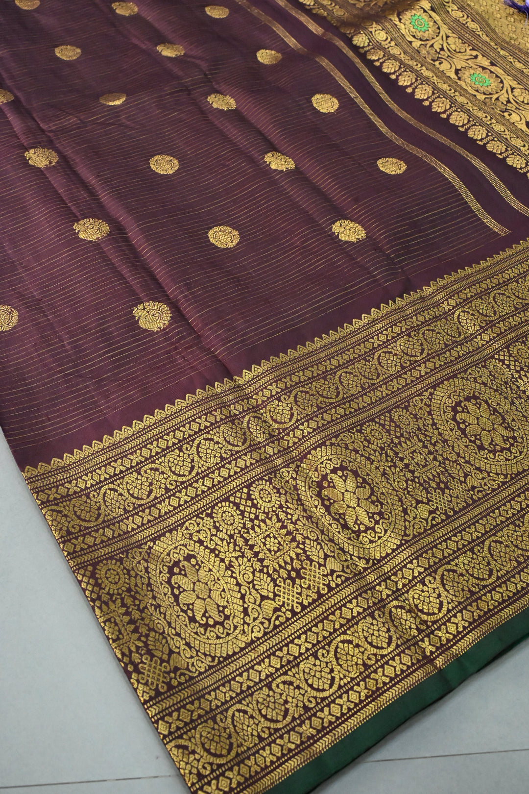 Coffee Brown  Vairaoosi Zari Stripes on Pure Gadwal Silk Saree with Zari Buttas and Wide Zari Border | SILK MARK CERTIFIED | SHOBITAM