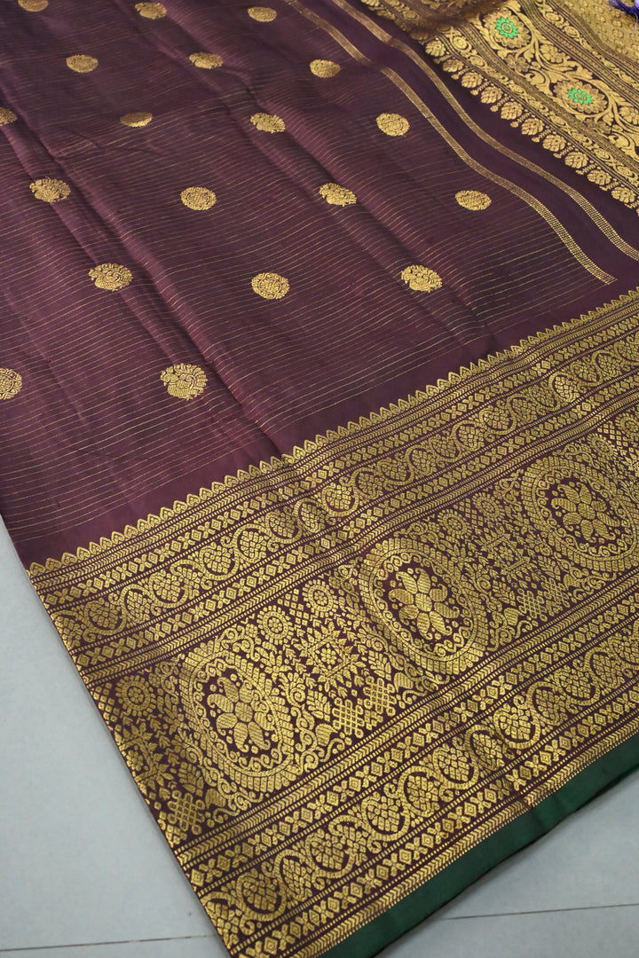 Coffee Brown  Vairaoosi Zari Stripes on Pure Gadwal Silk Saree with Zari Buttas and Wide Zari Border | SILK MARK CERTIFIED | SHOBITAM