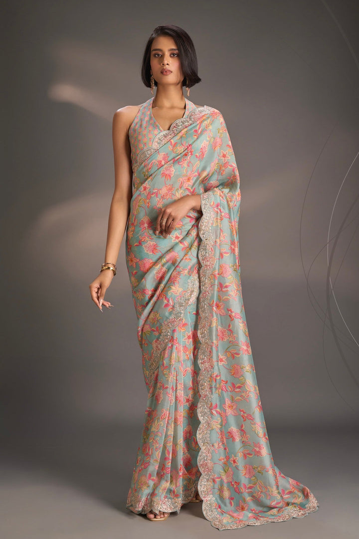 Blue Vegan habutai Silk Saree with Digital Print and Cord Pitta Embroidery Border, No Blouse Piece