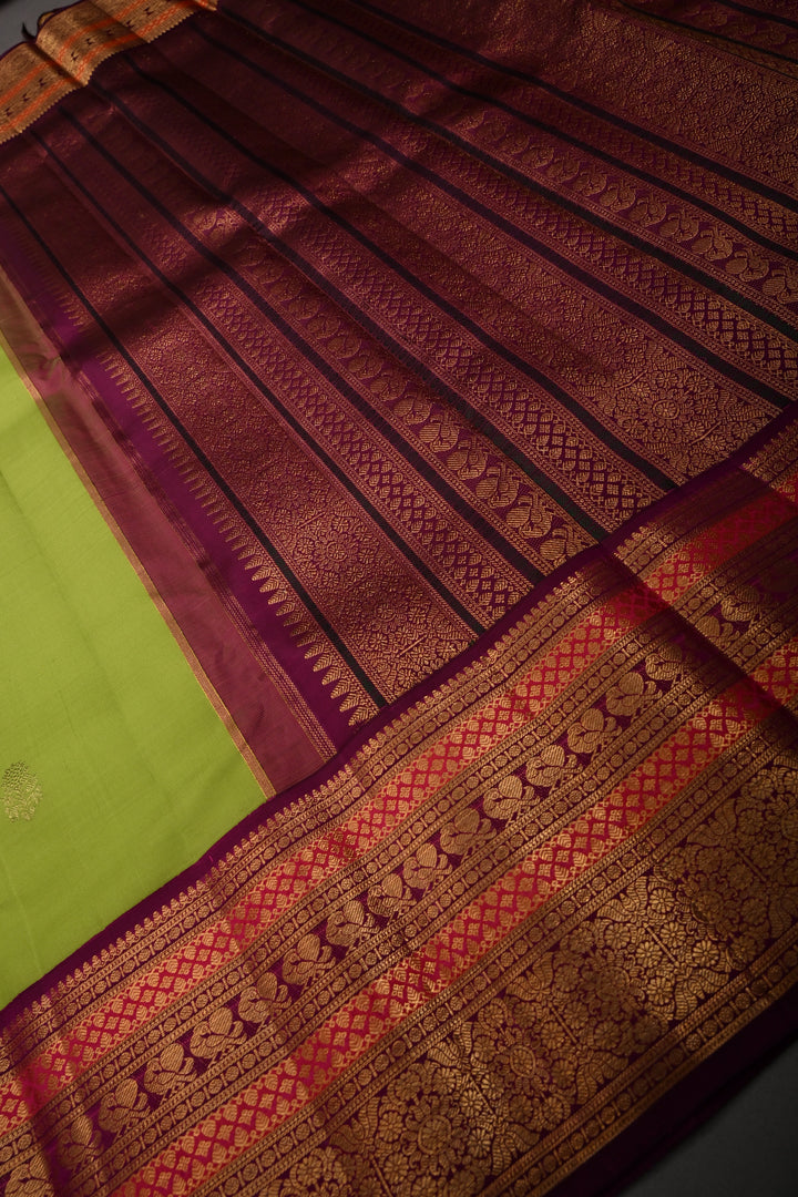 Chartreuse Korvai Pure Gadwal Silk Saree with Floral Zari Buttas and Contrast Zari Border | SILK MARK CERTIFIED | SHOBITAM