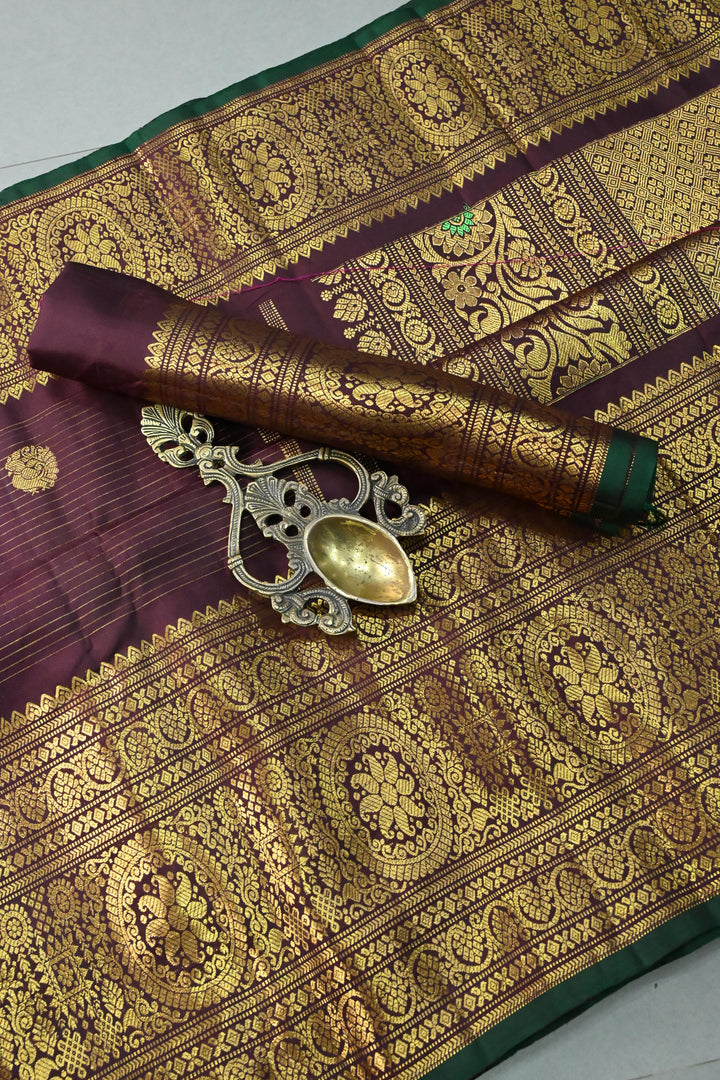 Coffee Brown  Vairaoosi Zari Stripes on Pure Gadwal Silk Saree with Zari Buttas and Wide Zari Border | SILK MARK CERTIFIED | SHOBITAM