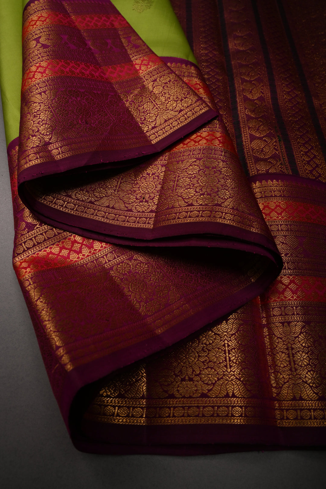 Chartreuse Korvai Pure Gadwal Silk Saree with Floral Zari Buttas and Contrast Zari Border | SILK MARK CERTIFIED | SHOBITAM