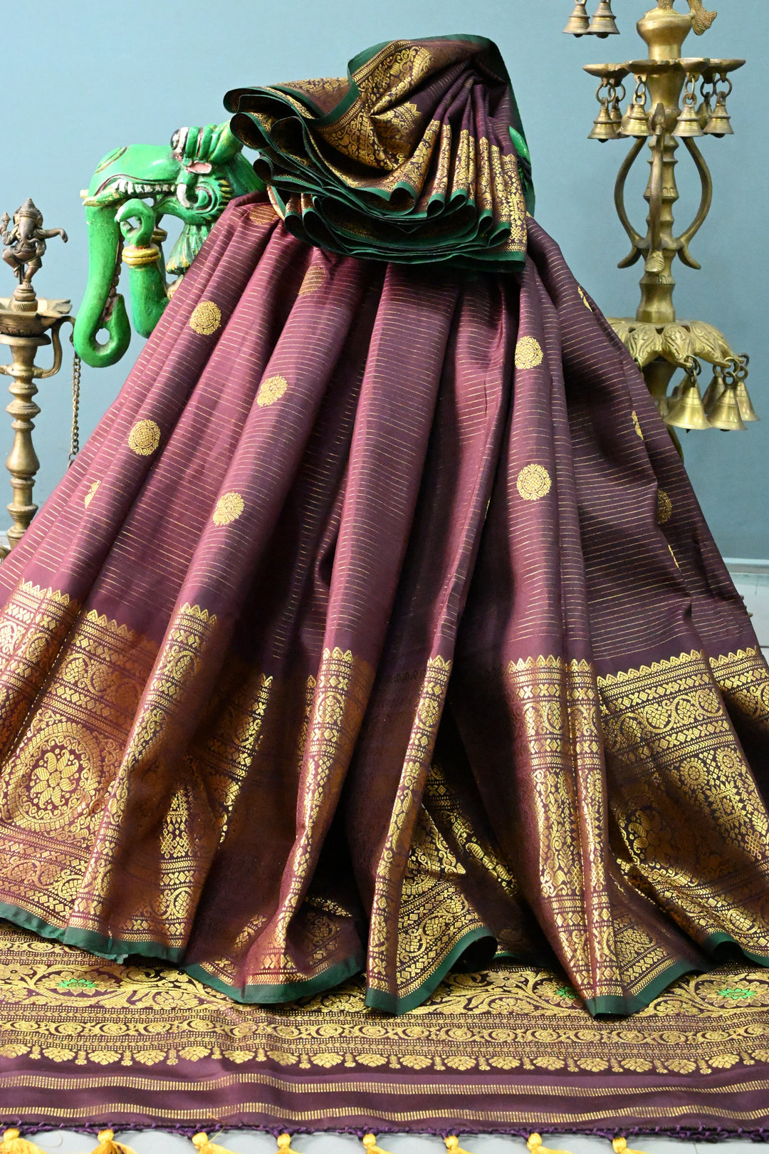 Coffee Brown  Vairaoosi Zari Stripes on Pure Gadwal Silk Saree with Zari Buttas and Wide Zari Border | SILK MARK CERTIFIED | SHOBITAM