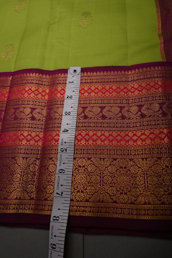 Chartreuse Korvai Pure Gadwal Silk Saree with Floral Zari Buttas and Contrast Zari Border | SILK MARK CERTIFIED | SHOBITAM