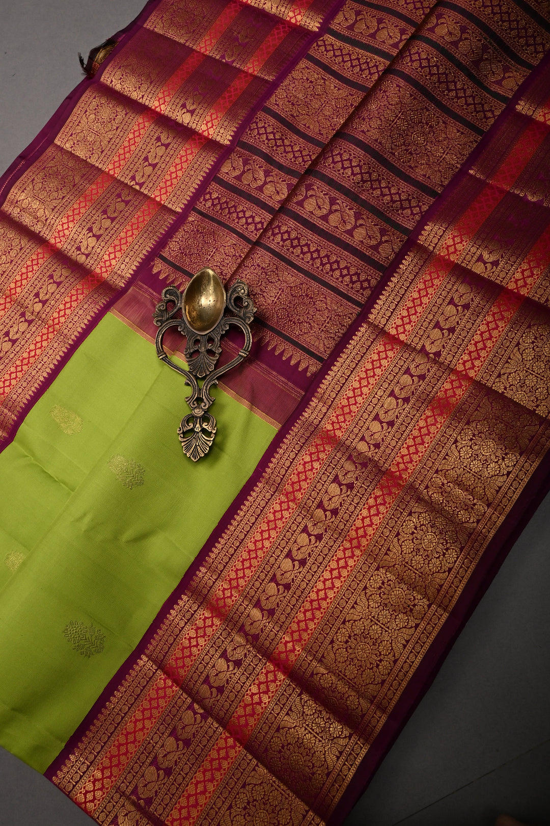 Chartreuse Korvai Pure Gadwal Silk Saree with Floral Zari Buttas and Contrast Zari Border | SILK MARK CERTIFIED | SHOBITAM